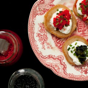 yeasted blinis with creme fraiche and caviar, yeasted blinis, new years even entertaining, entertaining, appetizer, finger food, seafood, caviar