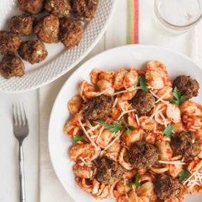 air fried meatballs and orechiette pasta with marinara sauce, pasta dish, air frying, breville, breville smart air pro, easy weeknight meal, marinara, orechiette, florida girl cooks