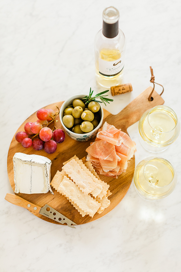 summertime charcuterie, Humboldt Fog cheese, prosciutto, crackers, garlic stuffed olives, sauternes, appetizer, food blogger, Florida Girl Cooks