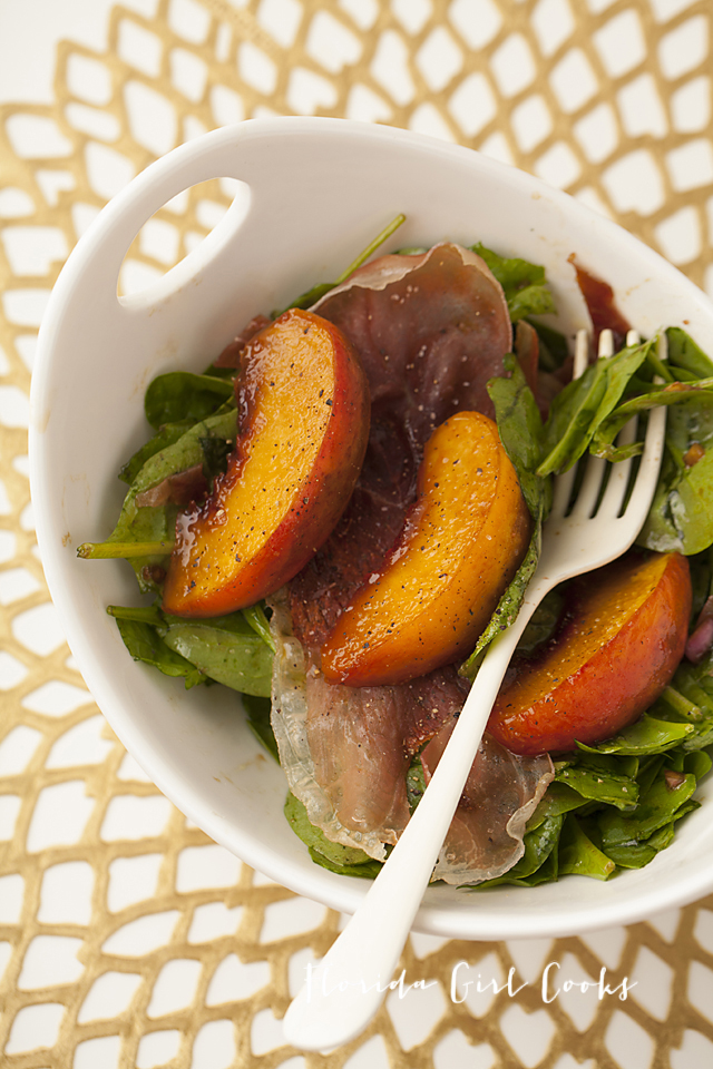 Grilled Peaches and Spinach and Prosciutto, salad, summer salad, Sur La Table, cooking class, date night