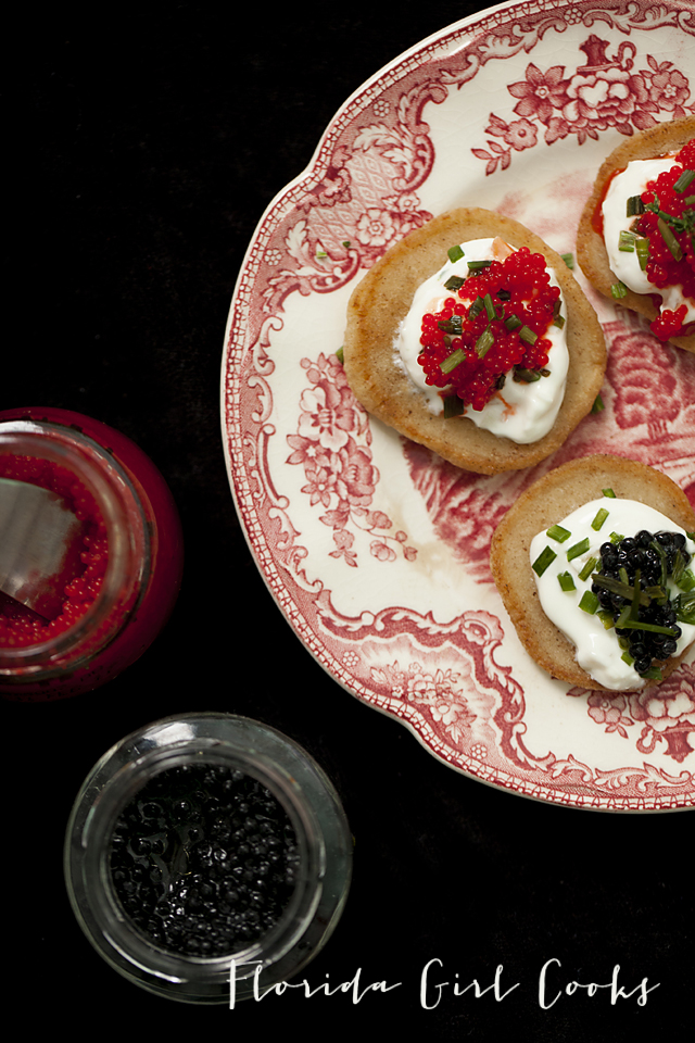 yeasted blinis with creme fraiche and caviar, yeasted blinis, new years even entertaining, entertaining, appetizer, finger food, seafood, caviar