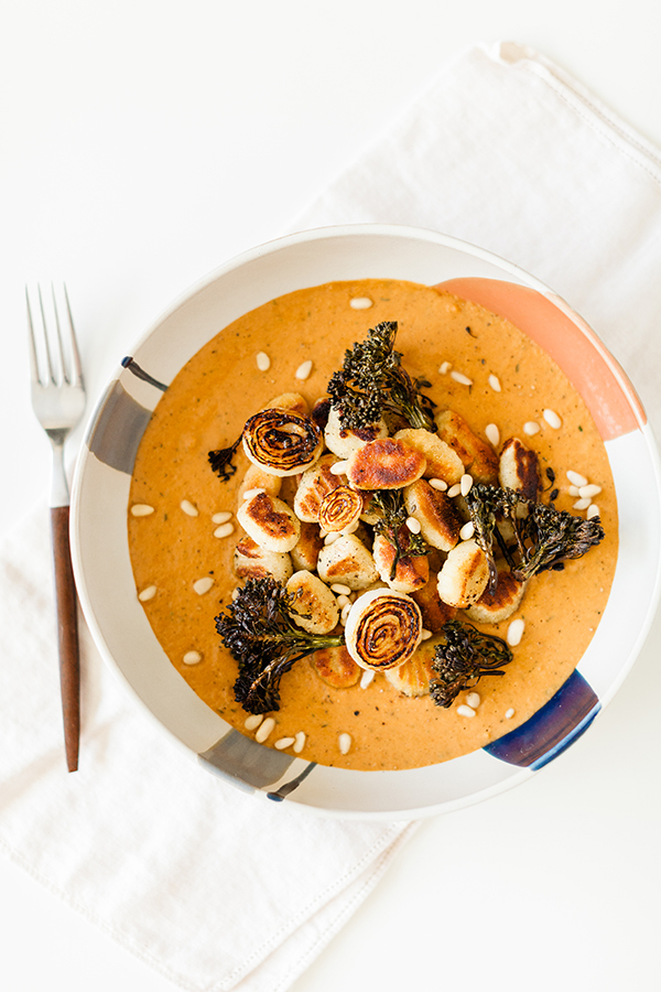 Potato Gnocchi with Red Pesto Onion Brûléed Air Fried Broccolini, and Pine Nuts, gnocchi, fine dining at home, food blogger, Florida Girl Cooks